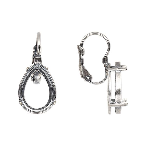 Ear wire leverback 1pkg2 JBB findings antique silver-plated, 24mm / 14x10mm pear 4-prong open back setting, brass 1 pair image number 0