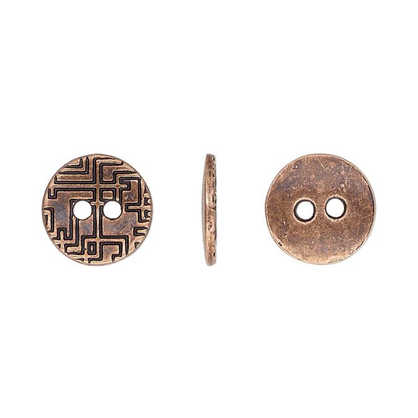 Button, antiqued copper-finished "pewter" (zinc-based alloy), 12mm single-sided flat round with geometric design. Sold per pkg of 50. image number 0