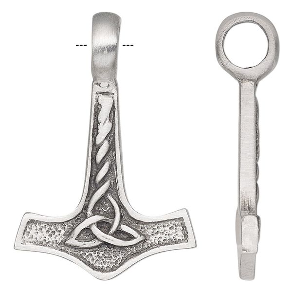Pendant, antiqued pewter (tin-based alloy), 42x28.5mm single-sided Thor's hammer with knot. Sold individually. image number 0