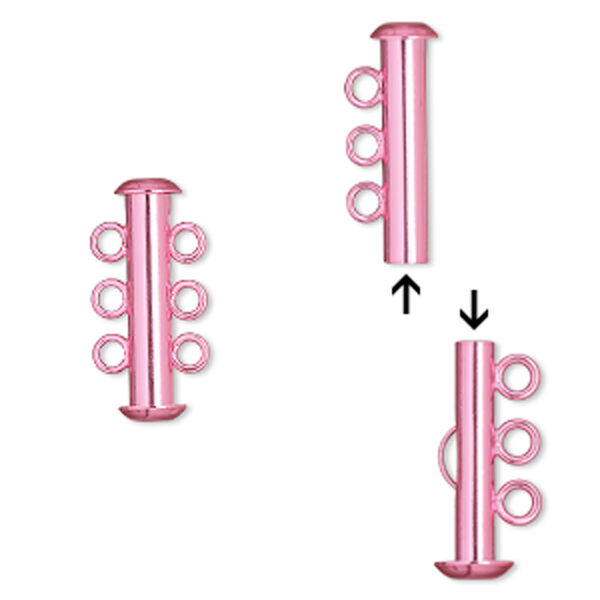 Clasp, 3-strand slide lock, electro-coated brass, pink, 21.5x6mm tube. Sold per pkg of 2. image number 0