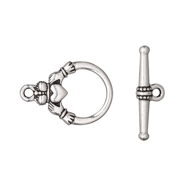 Clasp, TierraCast®, toggle, antique silver-plated "pewter" (tin-based alloy), 19x15.5mm double-sided Claddagh. Sold per pkg of 10. image number 0