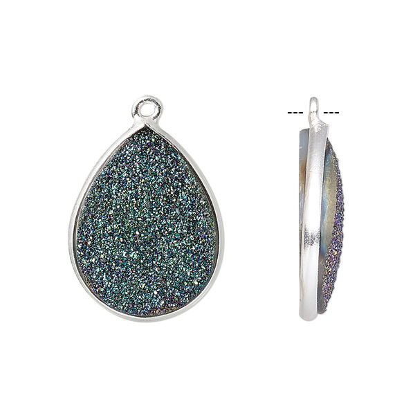 Druzy agate / sterling silver 1pkg1, electrocoated hand-cut flat teardrop drop 21x16mm-22x17mm image number 0