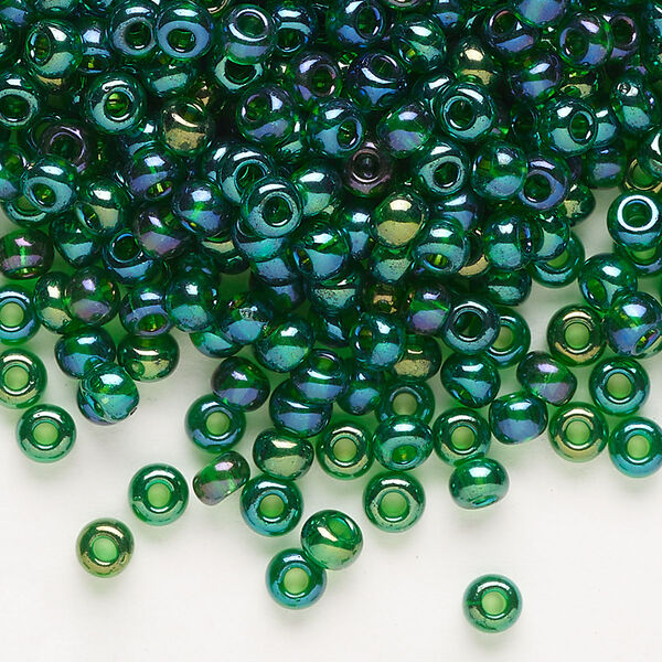 Seed bead, Preciosa Ornela Czech glass, pkg/500g, #6 rocaille, translucent rainbow medium green, (51060). image number 0
