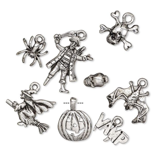 Charm, antique silver-plated pewter (tin-based alloy), 9x5.5mm-25x18mm assorted Halloween theme. Sold per 8-piece set. image number 0