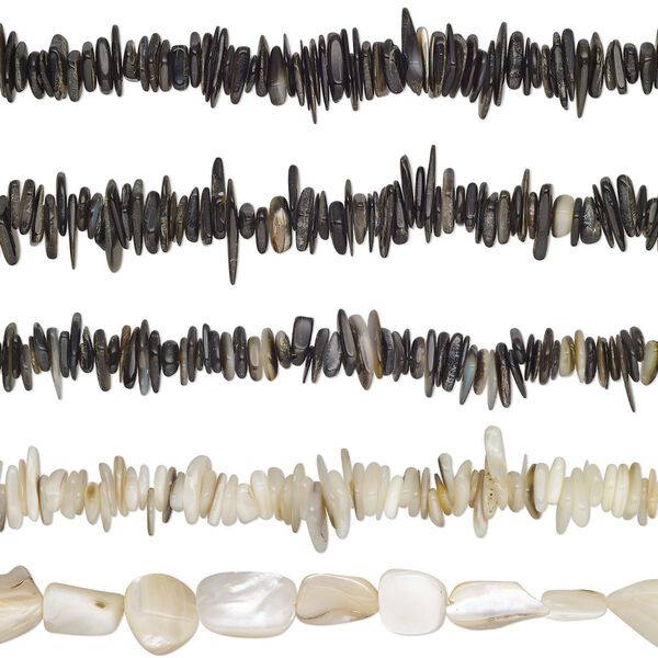 Bead mix, black lip shell / brown lip shell / gold lip shell / mother-of-pearl shell (natural), extra-large chip and mini to medium nugget, Mohs hardness 3-1/2. Sold per (5) 15" to 16" strands. image number 0