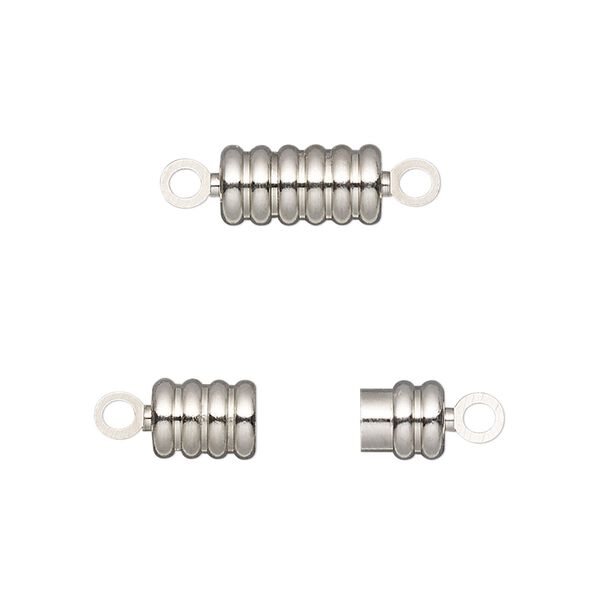 Clasp, magnetic, silver-finished brass, 11.5x6mm ribbed barrel. Sold individually. image number 0
