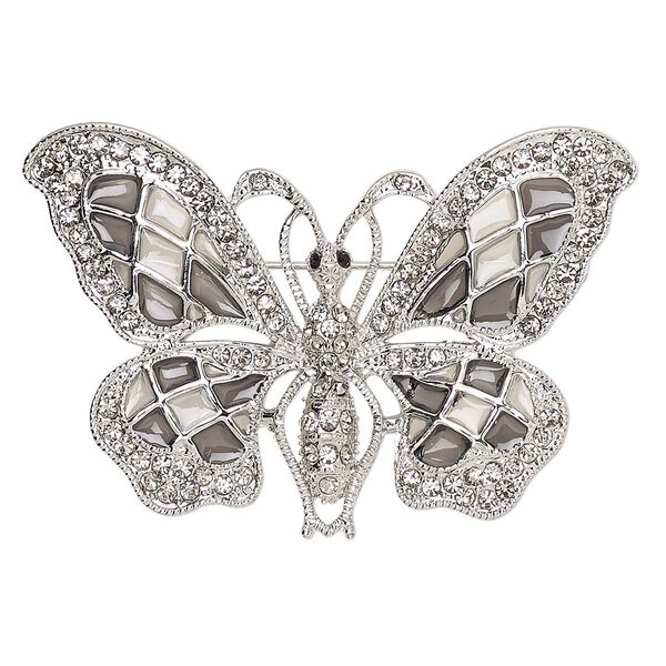 Brooch, glass rhinestone / enamel / imitation rhodium-finished "pewter" (zinc-based alloy), grey and clear, 58x35mm butterfly. Sold individually. image number 0