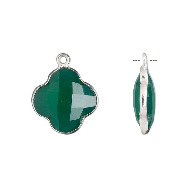 Drop, green onyx (dyed) and sterling silver, green, 16-17mm hand-cut double-sided faceted clover. Sold individually. image number 0