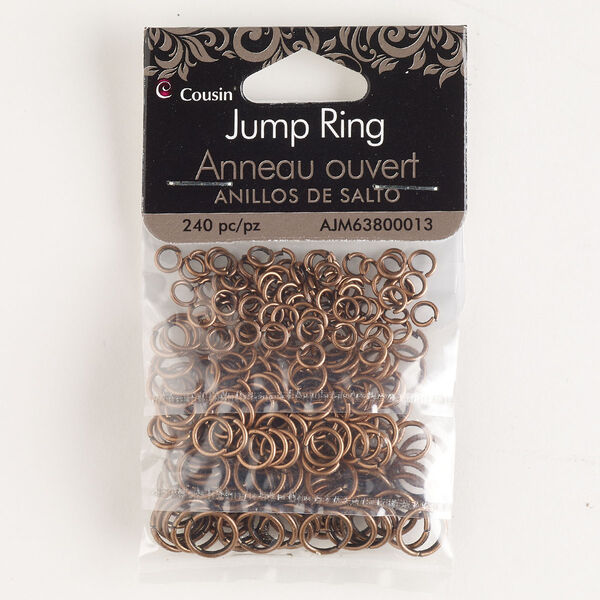 Jump ring assortment, antique copper-finished steel, 4-8mm open round, 20-17 gauge, 2.4-5.4mm inner diameter. Sold per pkg of 240. image number 0
