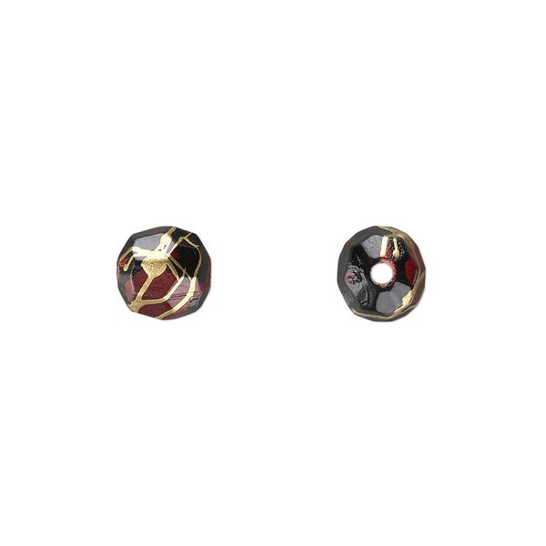 Bead, acrylic, black with red speckles and gold-colored striping, 8mm faceted round. Sold per pkg of 350. image number 0