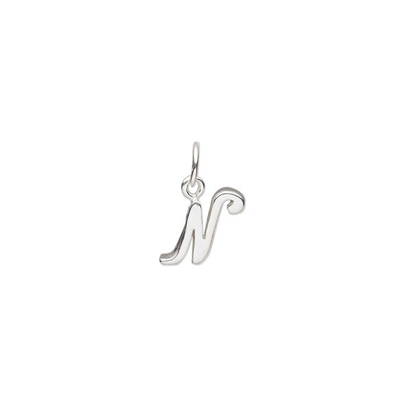Charm, sterling silver, 8x7mm Champagne cursive alphabet letter "N." Sold individually. image number 0
