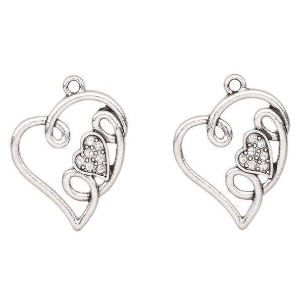 Charm, antique silver-finished "pewter" (zinc-based alloy) and glass, clear, 25x23mm open heart with "Love". Sold per pkg of 2. image number 0