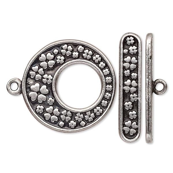 Clasp, toggle, antiqued silver-plated pewter (tin-based alloy), 24.5mm go-go with 4-leaf clover design. Sold individually. image number 0