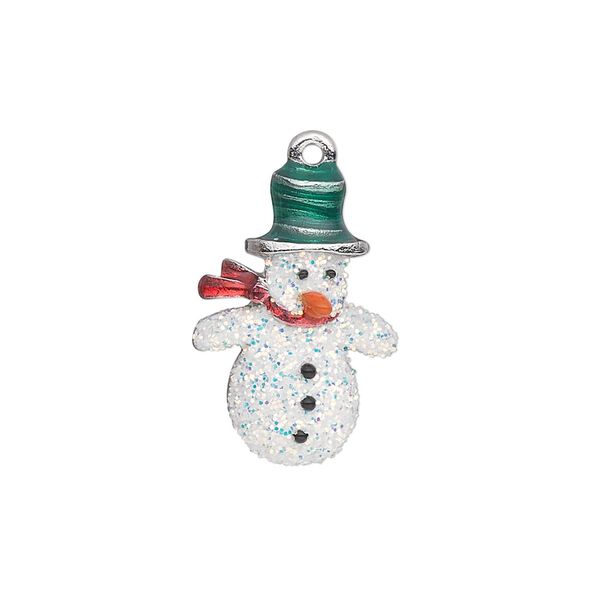 Charm, silver-plated "pewter" (zinc-based alloy) and enamel, white / red / green / orange, 22x15mm single-sided snowman with glitter and hat, scarf and carrot nose. Sold individually. image number 0