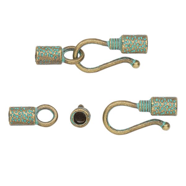 Clasp, hook-and-eye, antique brass-plated "pewter" (zinc-based alloy), green patina, 27x9mm hammered tube with rope design and textured designs with glue-in cord ends, 2.5mm inside diameter. Sold per pkg of 10. image number 0