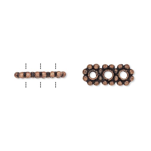 Spacer, antiqued copper, 15x6mm 3-strand beaded triple round, fits up to 4mm bead. Sold per pkg of 12. image number 0