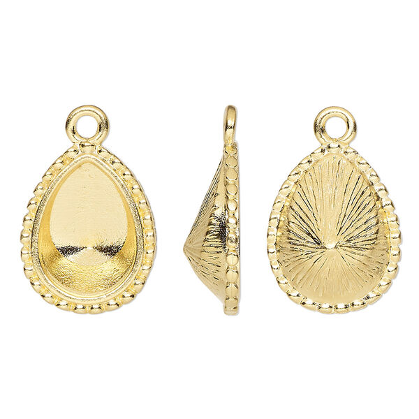 Drop, TierraCast®, Almost Instant Jewelry®, gold-plated pewter (tin-based alloy), 18x14mm teardrop with beaded edge and 14x10mm pear glue-in setting (4320). Sold per pkg of 2. image number 0