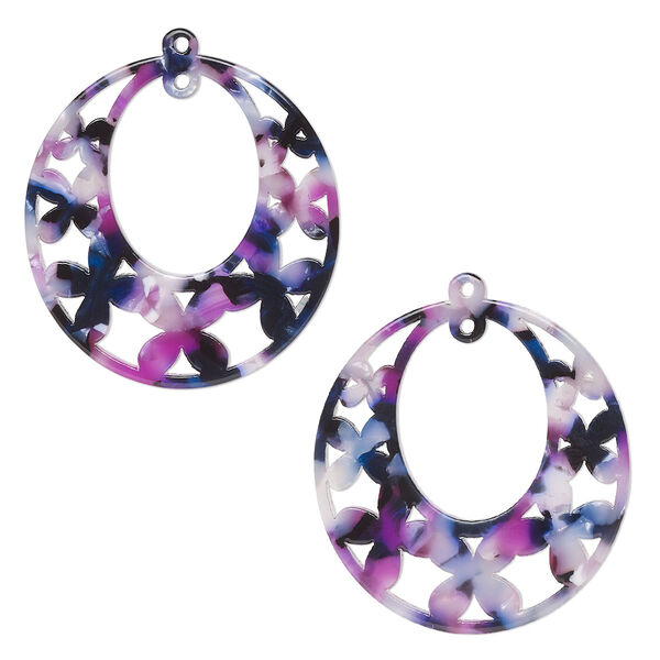 Focal, resin, purple / dark purple / white, 40x38mm oval go-go with flowers and loop. Sold per pkg of 2. image number 0