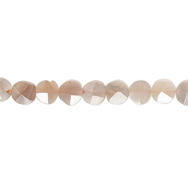 Peach moonstone 1pkg1, luster hand-cut faceted flat round bead 8 inch 5-6mm image number 0
