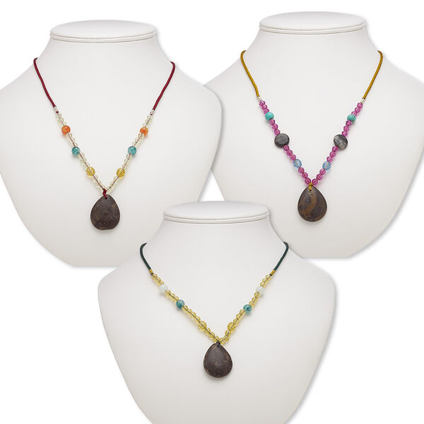 Multi-gemstone / acrylic / glass 1pkg3, teardrop pendant necklace C grade, mix continuous loop 20-24 inch 32x24mm-33x26mm image number 0