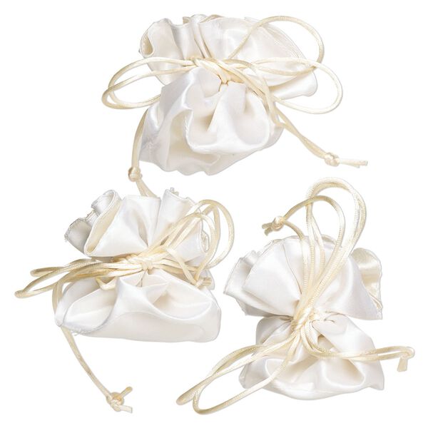 Pouch, rayon, pkg/3, cream, 3-1/2x3-inch round with drawstring. image number 0