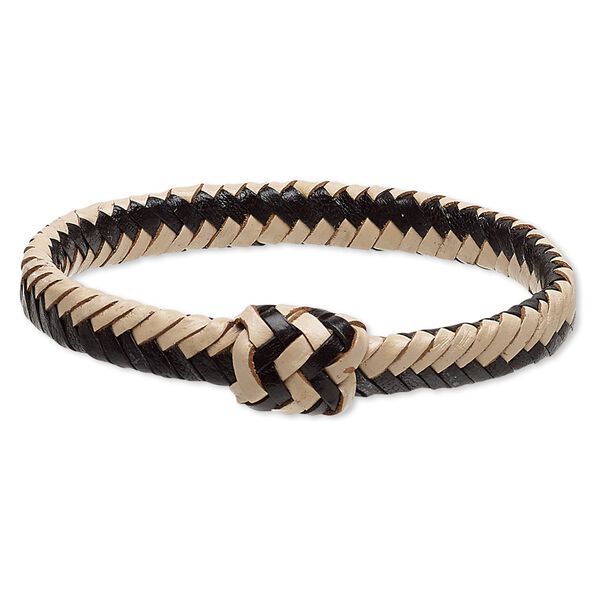 Bracelet, bangle, leather (natural / dyed), black, 15mm wide with braided design, 7-1/2 inches. Sold individually. image number 0