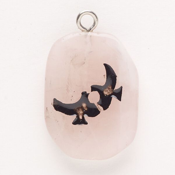 Drop, steel and rose quartz (coated) and enamel, pkg/1, silver finish and black, 29x22mm-37x27mm single-sided freeform oval with birds. image number 0