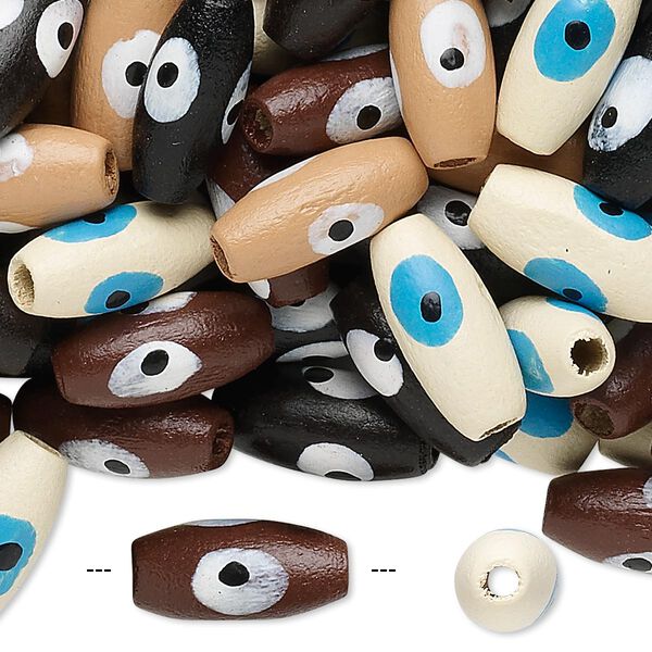 Bead mix, painted wood, mixed colors, 15x7mm oval with wards off the evil eye design. Sold per 90-gram pkg, approximately 420 beads. image number 0