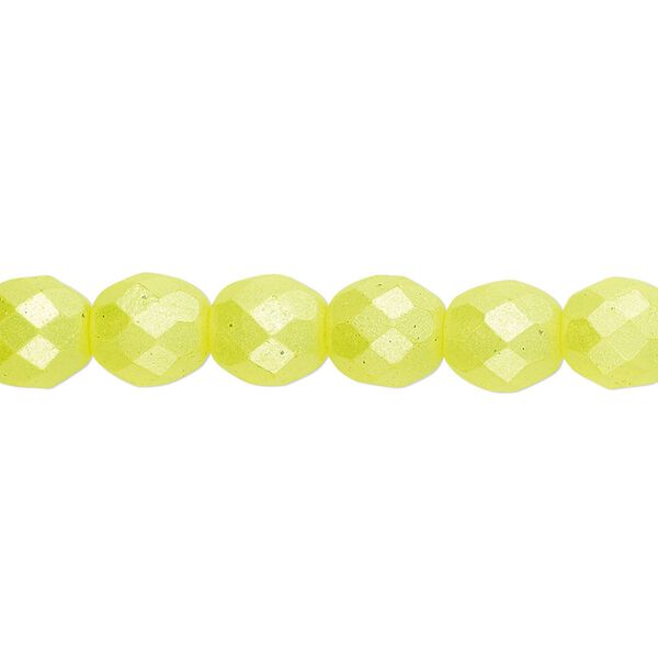 Bead, Czech fire-polished dipped décor glass, pearlescent light yellow, 8mm faceted round. Sold per pkg of 600 (1/2 mass). image number 0
