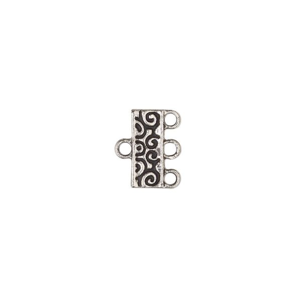 End bar, antique silver-finished "pewter" (zinc-based alloy), 12x5mm double-sided swirl design with 3 loops. Sold per pkg of 12. image number 0