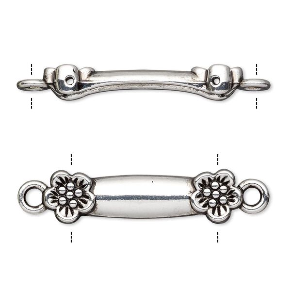 Link, antique silver-finished "pewter" (zinc-based alloy), 30x8mm double-drilled bar with flower design, fits up to 21.5mm bead. Sold per pkg of 10. image number 0
