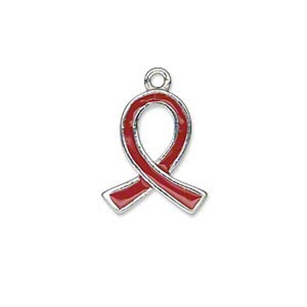 Charm, silver-plated "pewter" (zinc-based alloy) and enamel, red, 18x15mm single-sided awareness ribbon. Sold individually. image number 0