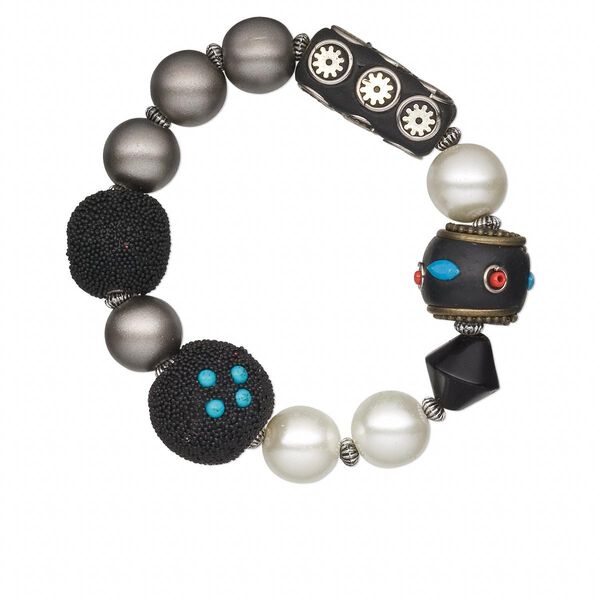 Bracelet, stretch, glass / polymer clay / silver-finished acrylic, multicolored, 6 inches. Sold individually. image number 0