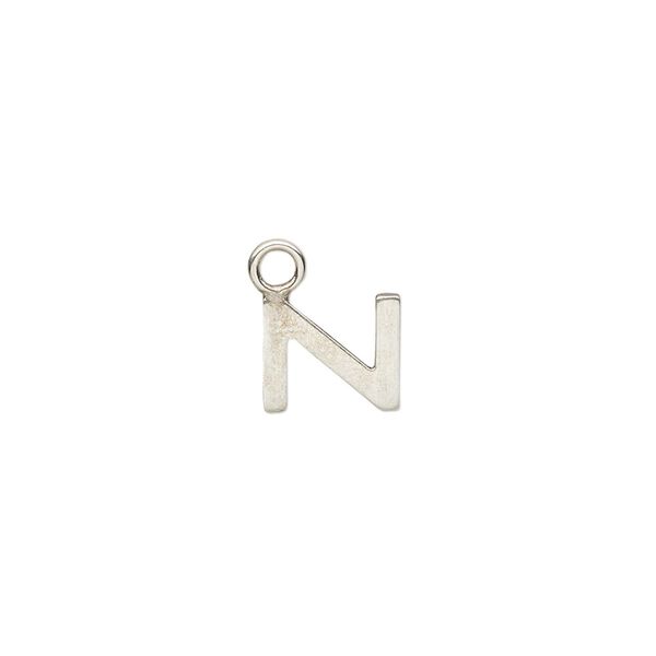 Charm, sterling silver, 9x8mm single-sided modern square alphabet letter N. Sold individually. image number 0