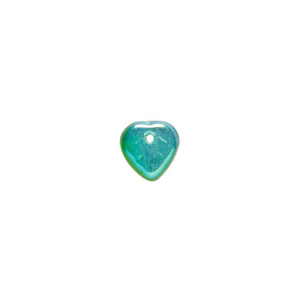Bead, Czech pressed glass, emerald green AB, 9x8.5mm top-drilled leaf. Sold per 15-1/2" to 16" strand, approximately 140 beads. image number 0