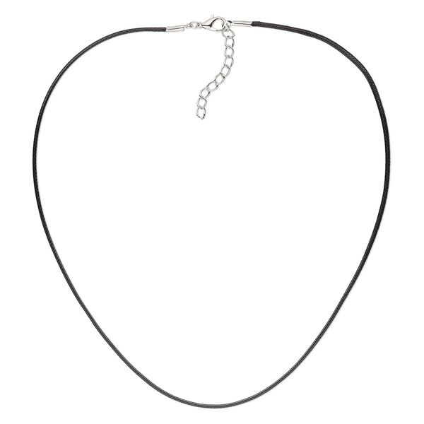 Necklace cord, waxed cotton cord with imitation rhodium-finished steel and "pewter" (zinc-based alloy), black, 1.5mm round, 16 inches with 1-1/2 inch extender chain and lobster claw clasp. Sold per pkg of 4. image number 0