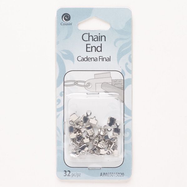 Cord/chain end, brass, pkg/32, silver finish, 7x5mm fold-over. image number 0