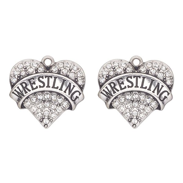 Charm, antique silver-finished "pewter" (zinc-based alloy) and glass, clear, 24x22mm single-sided heart with "wrestling". Sold per pkg of 2. image number 0
