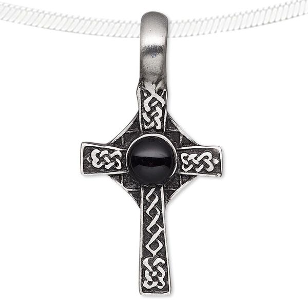 Pendant, acrylic and antiqued pewter (tin-based alloy), black, 46x23mm Celtic cross. Sold individually. image number 0