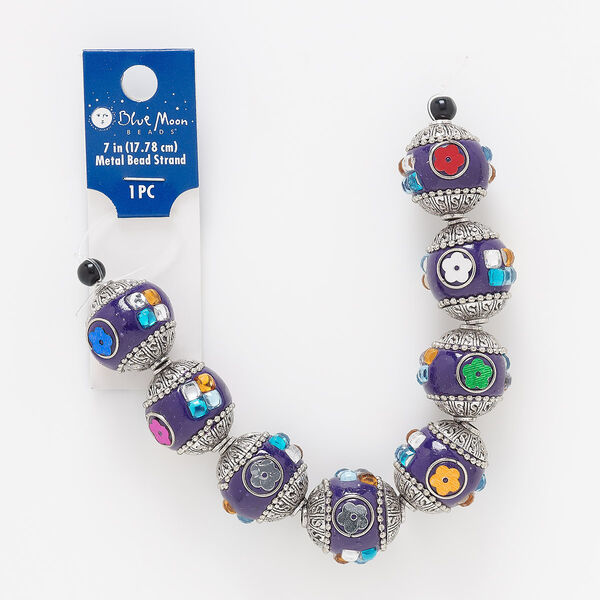 Bead, antique silver-finished "pewter" (zinc-based alloy) / steel / acrylic / glass / resin, multicolored, 22mm round with 3mm hole. Sold per 7-inch strand. image number 0