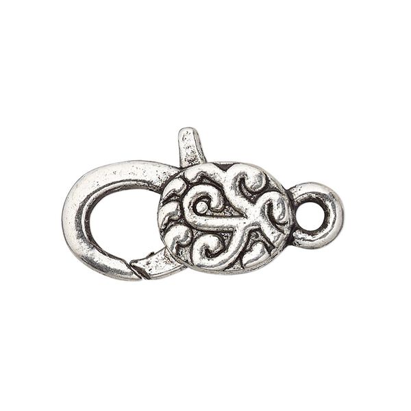 Clasp, lobster claw, antique silver-plated "pewter" (zinc-based alloy), 24.5x13mm with double-sided swirl design. Sold per pkg of 4. image number 0