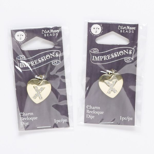 Charm, gold-finished "pewter" (zinc-based alloy) / steel / acrylic rhinestone, clear, 15.5x15mm single-sided puffed heart with letter "X." Sold per pkg of 2. image number 0