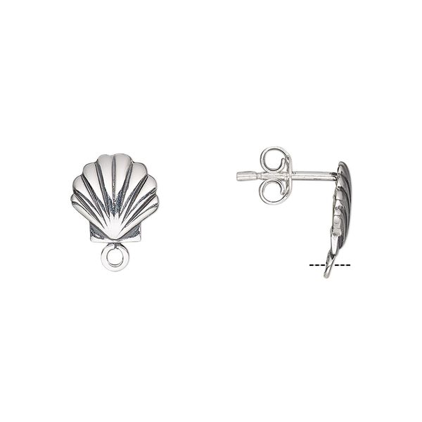 Earstud 1pkg2 sterling silver, 9.5x9mm shell / earnuts / closed loop, antiqued 1 pair image number 0