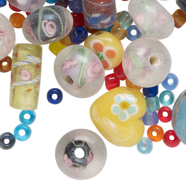 Bead mix, lampworked glass, opaque and translucent mixed colors, 9mm - 16x8mm mixed shapes. Sold per 4-ounce pkg, approximately 50 beads. image number 0