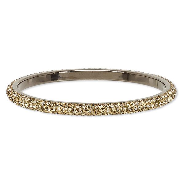 Bracelet, bangle, epoxy / Preciosa glass rhinestone / gunmetal-plated brass, black and light topaz, 6mm wide, 2-3/4 inch inside diameter. Sold individually. image number 0