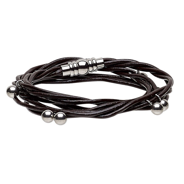 Bracelet, 3-strand wrap, leather (dyed) and stainless steel, dark brown, 10mm wide with 6mm round and twisted design, 6-1/2 inches with magnetic clasp. Sold individually. image number 0