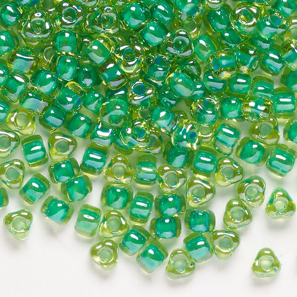 Seed bead, Miyuki, glass, transparent amber yellow color-lined kelly green, (TR1811), #5 triangle. Sold per 250-gram pkg. image number 0