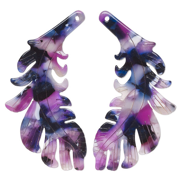 Focal, resin, purple / dark purple / white, 46x25mm single-sided left and right-facing carved feather. Sold per pair. image number 0