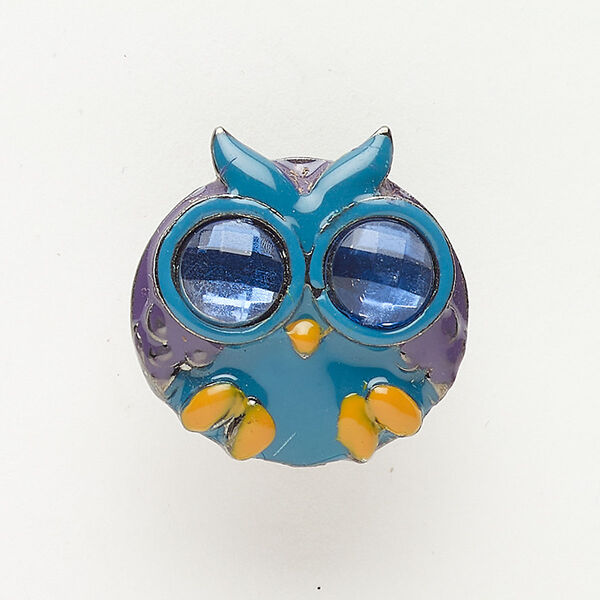Bead, slide, brass / glass / enamel, pkg/1, 25mm owl, gunmetal finish and multicolored. image number 0