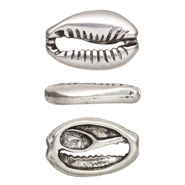 Component, antique silver-finished pewter (tin-based alloy), 19x12mm two-sided cowrie. Sold per pkg of 10. image number 0